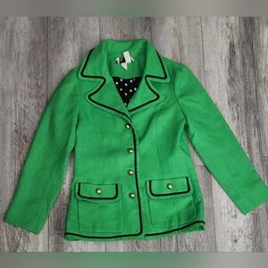 Vintage LE COURANT Elegant Green Blazer with Black Trim and Gold Buttons